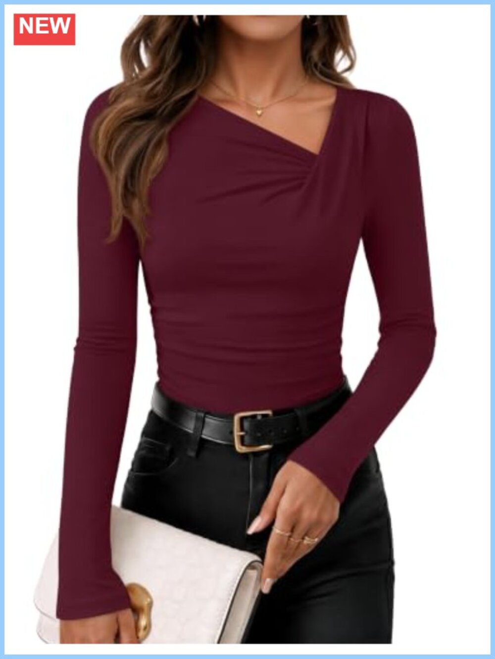 Long Sleeve Asymmetrical V-Neck Knit Top Slim Fit Business Casual Blouse